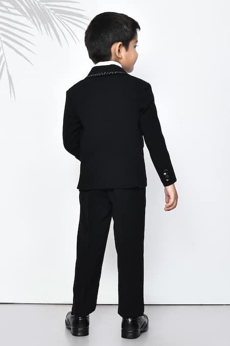 Shop_Petite Pomme_Black Cotton, Polyester Sequins, Embroidery Stripe Embellished Coat Pant Set_at_Aza_Fashions