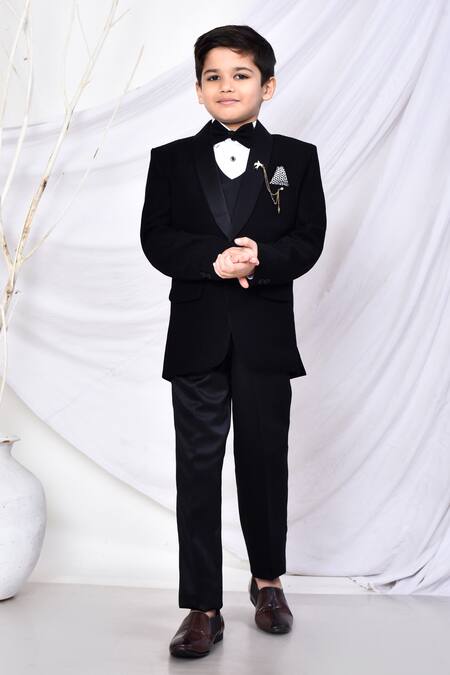 Petite Pomme_Black Cotton, Polyester Brooches Plain Coat Pant Set _at_Aza_Fashions