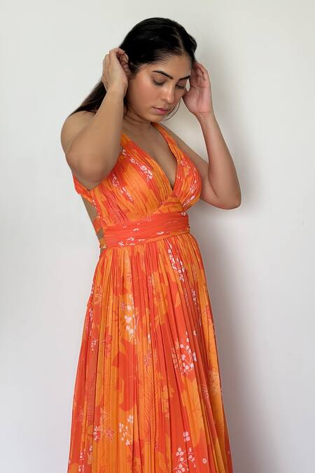 Buy Harshita Singhvi Yellow Georgette V-neck Floral And Leaf Print Maxi Dress Online at Aza Fashions Buy_Harshita Singhvi_Yellow Georgette V-neck Floral And Leaf Print Maxi Dress _Online_at_Aza_Fashions