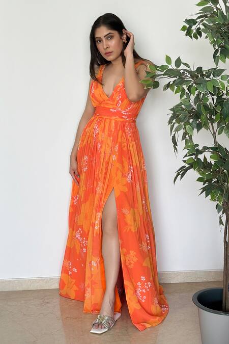 Shop Harshita Singhvi Yellow Georgette V-neck Floral And Leaf Print Maxi Dress Online at Aza Fashions Shop_Harshita Singhvi_Yellow Georgette V-neck Floral And Leaf Print Maxi Dress _Online_at_Aza_Fashions