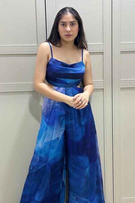 Harshita Singhvi_Blue Chiffon Square Neck Marble And Ocean Print Pleated Jumpsuit_Online_at_Aza_Fashions