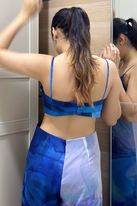 Buy_Harshita Singhvi_Blue Chiffon Square Neck Marble And Ocean Print Pleated Jumpsuit_Online_at_Aza_Fashions