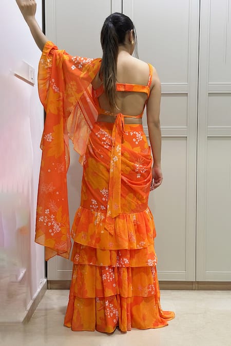 Shop Harshita Singhvi Yellow Georgette Embroidery Plunge Neck Floral Garden Print Saree Skirt Set at Aza Fashions Shop_Harshita Singhvi_Yellow Georgette Embroidery Plunge Neck Floral Garden Print Saree Skirt Set _at_Aza_Fashions