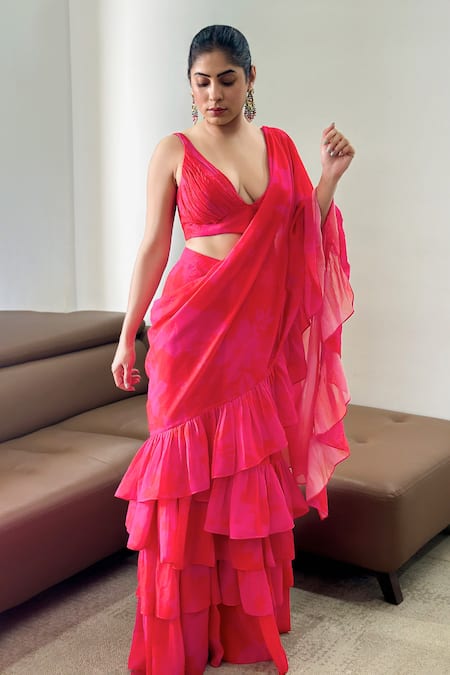 Buy Harshita Singhvi Pink Georgette Embroidery Plunge Neck Tiered Ruffled Saree Skirt Set Online at Aza Fashions Buy_Harshita Singhvi_Pink Georgette Embroidery Plunge Neck Tiered Ruffled Saree Skirt Set _Online_at_Aza_Fashions