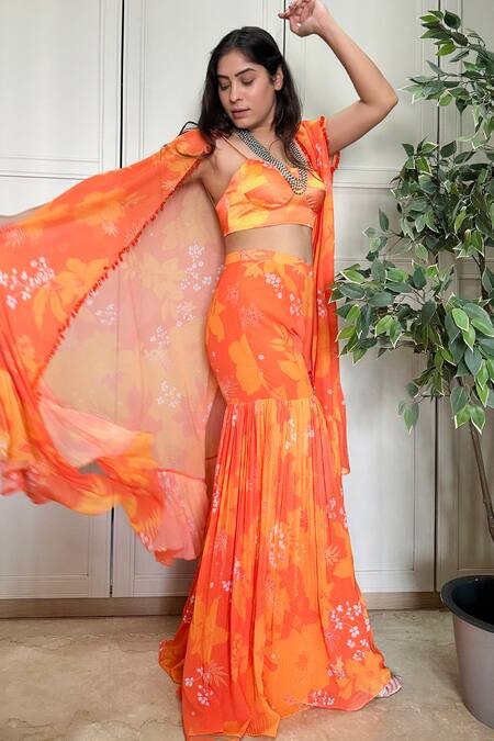 Harshita Singhvi Yellow Crepe Floral Print Cape Sharara Set Online at Aza Fashions Harshita Singhvi_Yellow Crepe Floral Print Cape Sharara Set _Online_at_Aza_Fashions