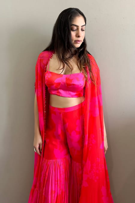 Buy Harshita Singhvi Pink Crepe, Satin, Silk Embroidery Long Floral Print Cape Sharara Set Online at Aza Fashions Buy_Harshita Singhvi_Pink Crepe, Satin, Silk Embroidery Long Floral Print Cape Sharara Set _Online_at_Aza_Fashions