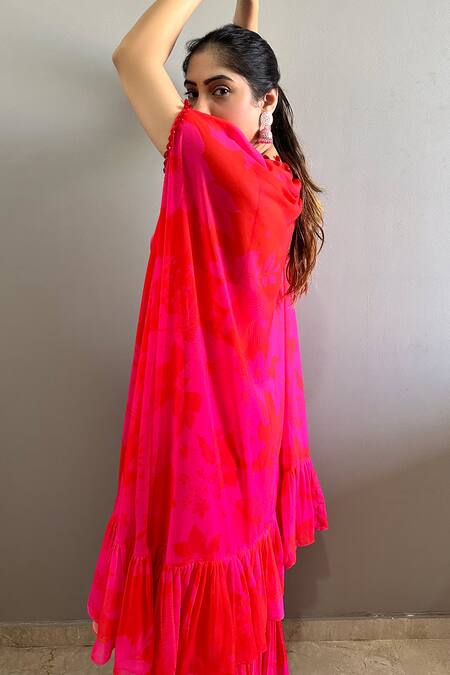 Harshita Singhvi Pink Crepe, Satin, Silk Embroidery Long Floral Print Cape Sharara Set at Aza Fashions Harshita Singhvi_Pink Crepe, Satin, Silk Embroidery Long Floral Print Cape Sharara Set _at_Aza_Fashions