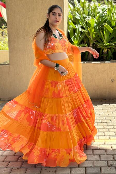 Harshita Singhvi Yellow Satin, Silk, Net, Chiffon, Georgette Sequins, Tiered Panelled Lehenga Set Online at Aza Fashions Harshita Singhvi_Yellow Satin, Silk, Net, Chiffon, Georgette Sequins, Tiered Panelled Lehenga Set _Online_at_Aza_Fashions