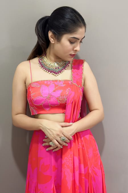 Harshita Singhvi Pink Satin, Silk, Georgette Embroidery, Sequins Floral Print High Low Skirt Set Online at Aza Fashions Harshita Singhvi_Pink Satin, Silk, Georgette Embroidery, Sequins Floral Print High Low Skirt Set _Online_at_Aza_Fashions