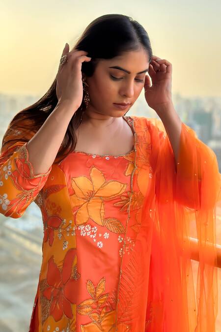 Buy Harshita Singhvi Yellow Satin, Silk, Gingham, Net Embroidery, Floral Print Kurta Sharara Set Online at Aza Fashions Buy_Harshita Singhvi_Yellow Satin, Silk, Gingham, Net Embroidery, Floral Print Kurta Sharara Set _Online_at_Aza_Fashions