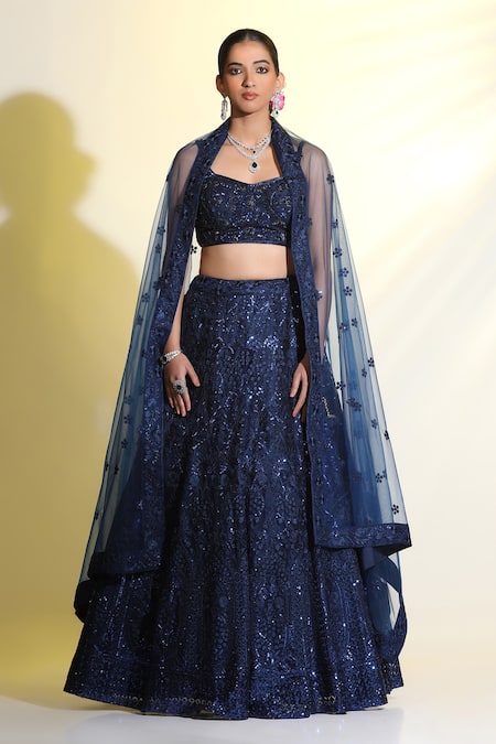 Shop Meenagurnam Blue Net, Linen Sequins, Cut Work Floral Embroidered Lehenga Blouse Set Online at Aza Fashions Shop_Meenagurnam_Blue Net, Linen Sequins, Cut Work Floral Embroidered Lehenga Blouse Set _Online_at_Aza_Fashions