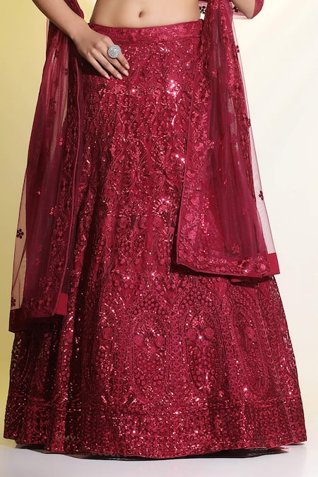 Buy_Meenagurnam_Maroon Net, Linen Sequins, Embroidery Sweetheart Neck Floral Lehenga Set _Online_at_Aza_Fashions