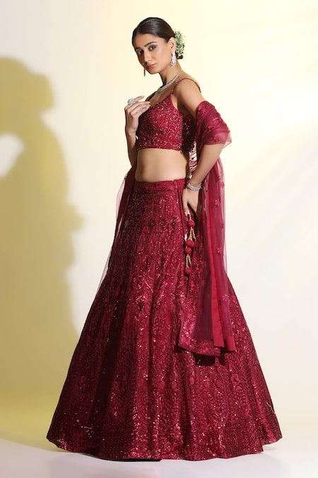 Shop_Meenagurnam_Maroon Net, Linen Sequins, Embroidery Sweetheart Neck Floral Lehenga Set _Online_at_Aza_Fashions
