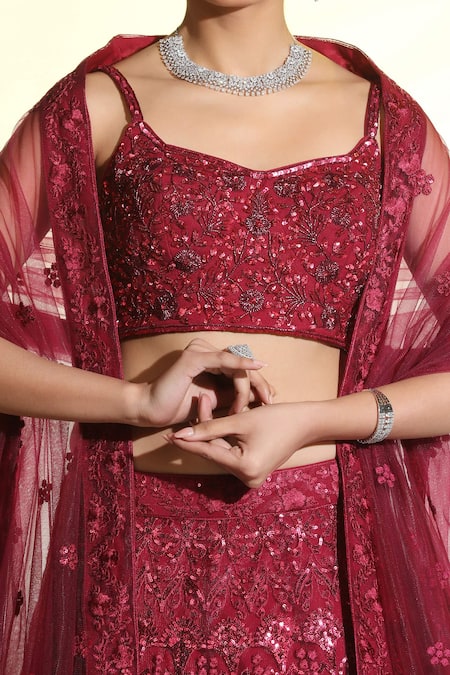 Meenagurnam_Maroon Net, Linen Sequins, Embroidery Sweetheart Neck Floral Lehenga Set _at_Aza_Fashions