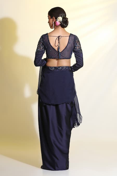 Meenagurnam Flower Sequin Embroidered Blouse Draped Skirt Set 