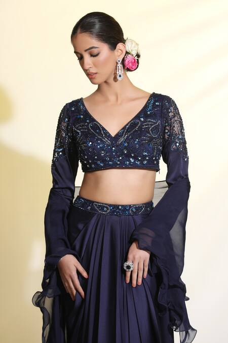 Shop_Meenagurnam_Blue Net, Satin, Organza, Silk Flower Embroidered Blouse Draped Skirt Set _Online_at_Aza_Fashions