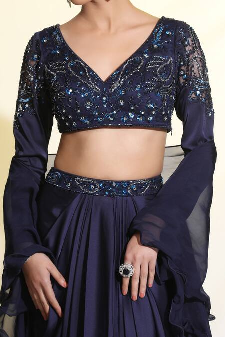 Meenagurnam_Blue Net, Satin, Organza, Silk Flower Embroidered Blouse Draped Skirt Set _at_Aza_Fashions