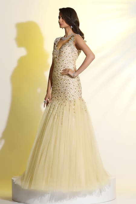 Meenagurnam_Beige Net Embellished Sequin Sweetheart Hand Mermaid Gown _Online_at_Aza_Fashions