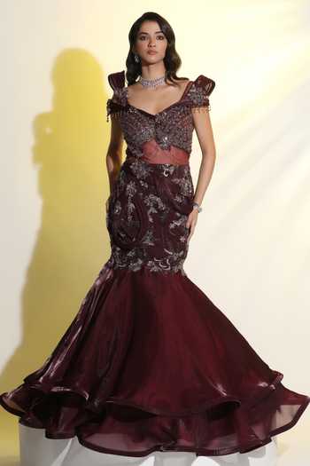 Meenagurnam Sculptured Shoulder Layered Mermaid Gown 