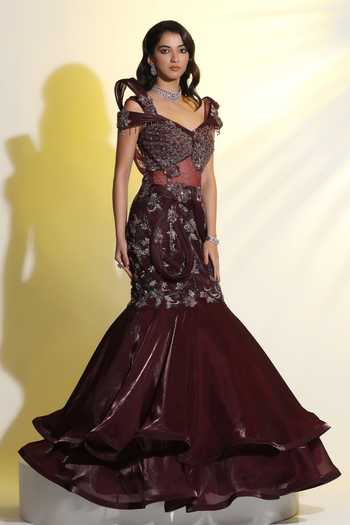 Buy_Meenagurnam_Wine Net And Taco Organza Embellished Sculptured Shoulder Layered Mermaid Gown _Online_at_Aza_Fashions