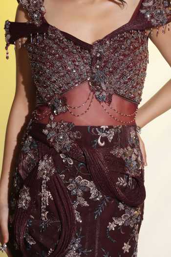 Shop_Meenagurnam_Wine Net And Taco Organza Embellished Sculptured Shoulder Layered Mermaid Gown _Online_at_Aza_Fashions
