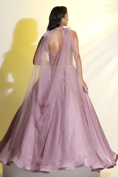 Meenagurnam Purple Net Hand Embroidered Cutdana Plunge Neck Ball Gown Online at Aza Fashions Meenagurnam_Purple Net Hand Embroidered Cutdana Plunge Neck Ball Gown _Online_at_Aza_Fashions