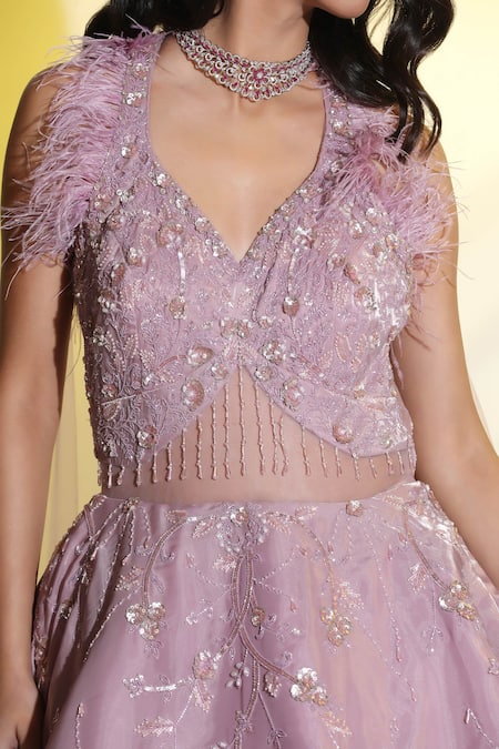 Shop Meenagurnam Purple Net Hand Embroidered Cutdana Plunge Neck Ball Gown Online at Aza Fashions Shop_Meenagurnam_Purple Net Hand Embroidered Cutdana Plunge Neck Ball Gown _Online_at_Aza_Fashions