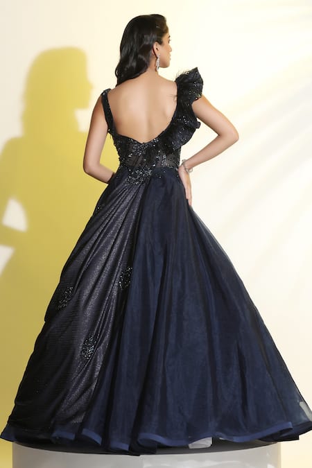 Meenagurnam Blue Net Organza Hand Embroidered Cutdana Sweetheart Draped Ball Gown Online at Aza Fashions Meenagurnam_Blue Net Organza Hand Embroidered Cutdana Sweetheart Draped Ball Gown _Online_at_Aza_Fashions