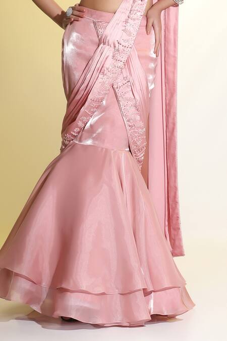 Buy_Meenagurnam_Pink Net, Satin, Taffeta Cut Work, Mermaid Draped Skirt Saree With Corset Blouse _Online_at_Aza_Fashions
