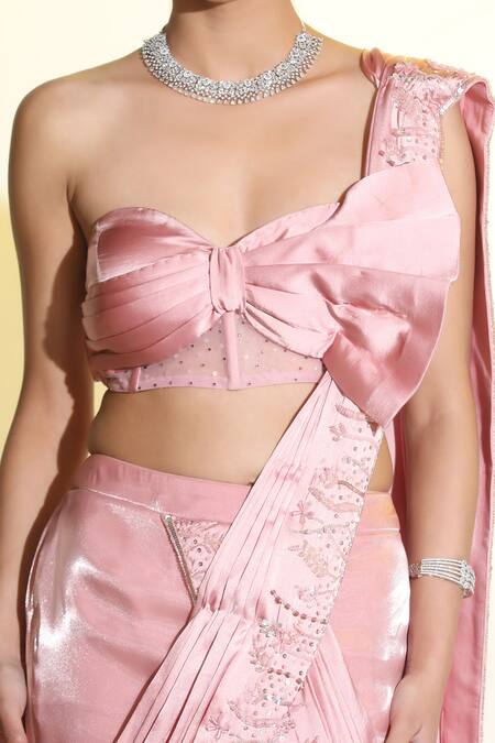 Shop_Meenagurnam_Pink Net, Satin, Taffeta Cut Work, Mermaid Draped Skirt Saree With Corset Blouse _Online_at_Aza_Fashions
