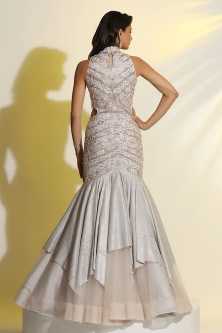 Meenagurnam Silver Net Hand Embellished Cutdana High Mughal Jaal Cut Work Mermaid Gown Online at Aza Fashions Meenagurnam_Silver Net Hand Embellished Cutdana High Mughal Jaal Cut Work Mermaid Gown _Online_at_Aza_Fashions