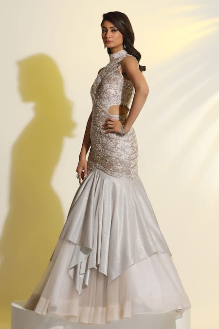 Buy Meenagurnam Silver Net Hand Embellished Cutdana High Mughal Jaal Cut Work Mermaid Gown Online at Aza Fashions Buy_Meenagurnam_Silver Net Hand Embellished Cutdana High Mughal Jaal Cut Work Mermaid Gown _Online_at_Aza_Fashions