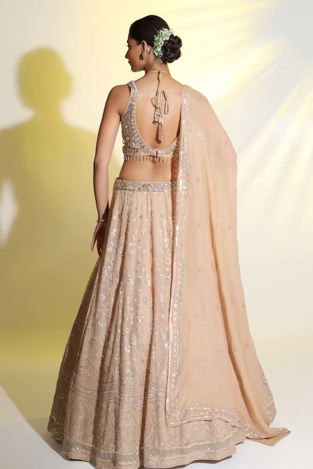 Meenagurnam Beige Net, Georgette Sequins, Beads, Cut Flower Embellished Blouse Lehenga Set Online at Aza Fashions Meenagurnam_Beige Net, Georgette Sequins, Beads, Cut Flower Embellished Blouse Lehenga Set _Online_at_Aza_Fashions