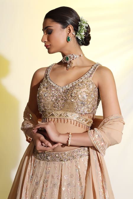 Shop Meenagurnam Beige Net, Georgette Sequins, Beads, Cut Flower Embellished Blouse Lehenga Set Online at Aza Fashions Shop_Meenagurnam_Beige Net, Georgette Sequins, Beads, Cut Flower Embellished Blouse Lehenga Set _Online_at_Aza_Fashions