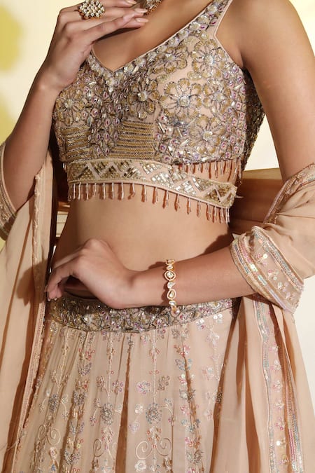 Meenagurnam Beige Net, Georgette Sequins, Beads, Cut Flower Embellished Blouse Lehenga Set at Aza Fashions Meenagurnam_Beige Net, Georgette Sequins, Beads, Cut Flower Embellished Blouse Lehenga Set _at_Aza_Fashions
