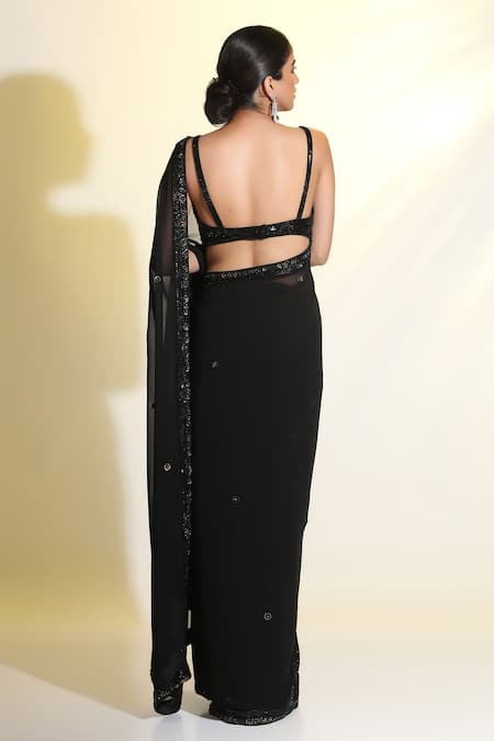 Meenagurnam Black Net, Georgette Sequins V-neck Floral Embellished Saree With Blouse Online at Aza Fashions Meenagurnam_Black Net, Georgette Sequins V-neck Floral Embellished Saree With Blouse _Online_at_Aza_Fashions