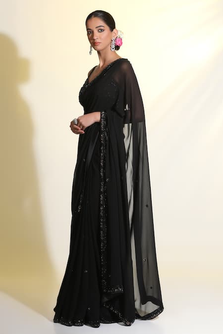 Buy Meenagurnam Black Net, Georgette Sequins V-neck Floral Embellished Saree With Blouse Online at Aza Fashions Buy_Meenagurnam_Black Net, Georgette Sequins V-neck Floral Embellished Saree With Blouse _Online_at_Aza_Fashions