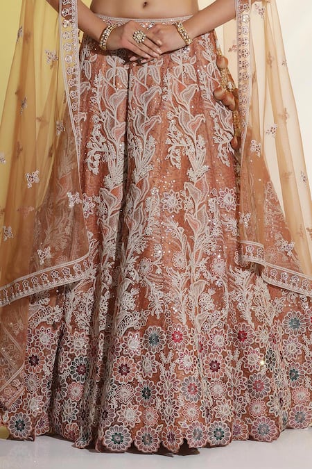 Buy_Meenagurnam_Orange Linen, Silk, Chiffon Sequins, Hand Embellished Lehenga Blouse Set _Online_at_Aza_Fashions