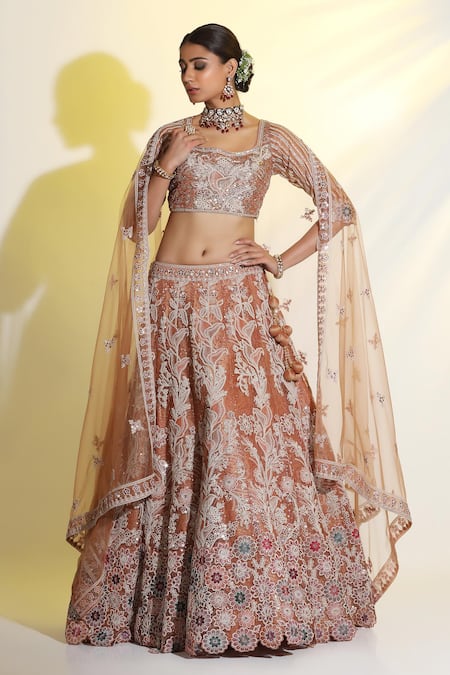 Shop_Meenagurnam_Orange Linen, Silk, Chiffon Sequins, Hand Embellished Lehenga Blouse Set _Online_at_Aza_Fashions