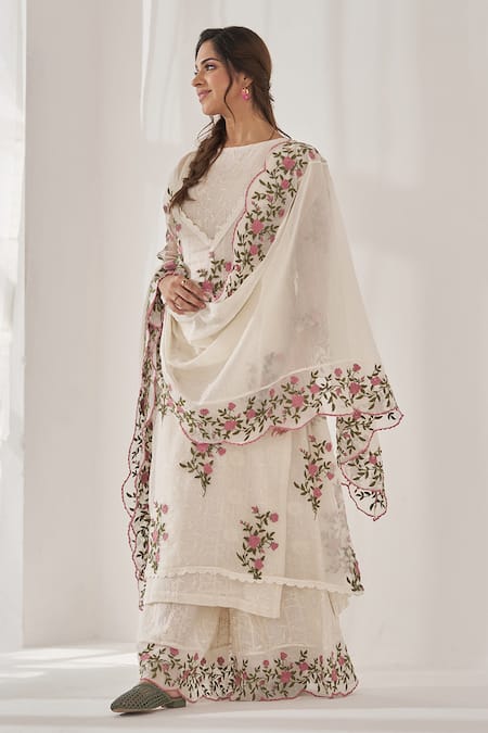 NAAZ BY NOOR Off White Chanderi Embroidered Flower Gulabsa Baano Thread Kurta Sharara Set