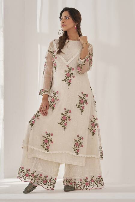 Shop_Naaz By Noor_Off White Organza, Chanderi Embroidery Gulabsa Baano Thread Kurta Sharara Set _Online_at_Aza_Fashions