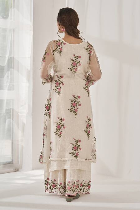 Naaz By Noor_Off White Organza, Chanderi Embroidery Gulabsa Baano Thread Kurta Sharara Set _at_Aza_Fashions