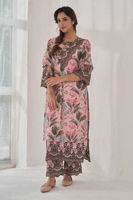 Naaz By Noor Pink Cotton, Organza, Chanderi Gulshan Baano Botanical Print Kurta Set Online at Aza Fashions Naaz By Noor_Pink Cotton, Organza, Chanderi Gulshan Baano Botanical Print Kurta Set _Online_at_Aza_Fashions