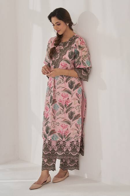 Shop Naaz By Noor Pink Cotton, Organza, Chanderi Gulshan Baano Botanical Print Kurta Set Online at Aza Fashions Shop_Naaz By Noor_Pink Cotton, Organza, Chanderi Gulshan Baano Botanical Print Kurta Set _Online_at_Aza_Fashions