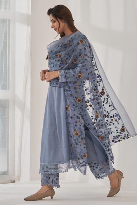 Naaz By Noor Blue Cotton, Organza Embroidery Round Neck Muskaan Baano Kalidar Kurta Set at Aza Fashions Naaz By Noor_Blue Cotton, Organza Embroidery Round Neck Muskaan Baano Kalidar Kurta Set _at_Aza_Fashions