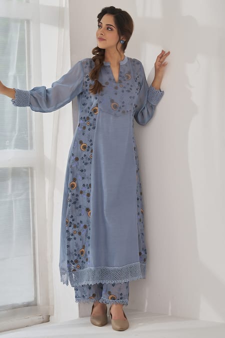 Buy Naaz By Noor Blue Cotton, Organza Embroidery Round Neck Muskaan Baano Kalidar Kurta Set Buy_Naaz By Noor_Blue Cotton, Organza Embroidery Round Neck Muskaan Baano Kalidar Kurta Set