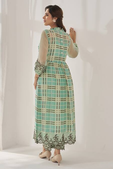 Shop Naaz By Noor Green Cotton, Organza Embroidery, Lace High Neck Geometric Kurta And Pant Set at Aza Fashions Shop_Naaz By Noor_Green Cotton, Organza Embroidery, Lace High Neck Geometric Kurta And Pant Set_at_Aza_Fashions