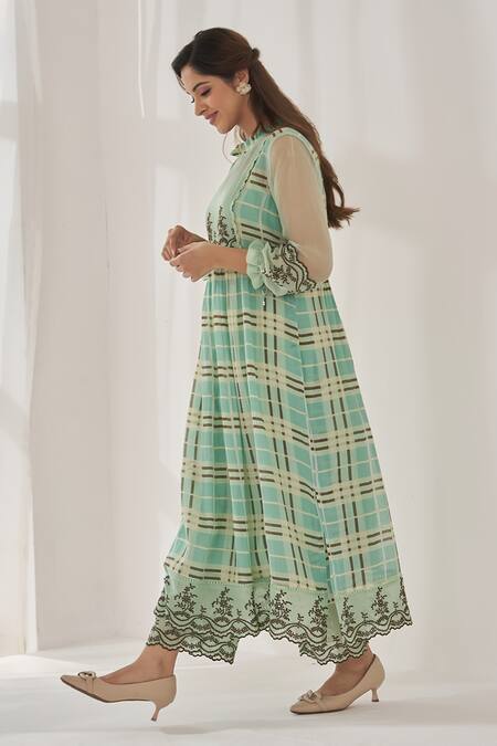 Naaz By Noor Green Cotton, Organza Embroidery, Lace High Neck Geometric Kurta And Pant Set at Aza Fashions Naaz By Noor_Green Cotton, Organza Embroidery, Lace High Neck Geometric Kurta And Pant Set_at_Aza_Fashions