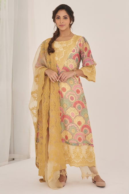 NAAZ BY NOOR Yellow Chanderi Embroidered Floral Scallop Noor Baano Printed Kurta Pant Set 