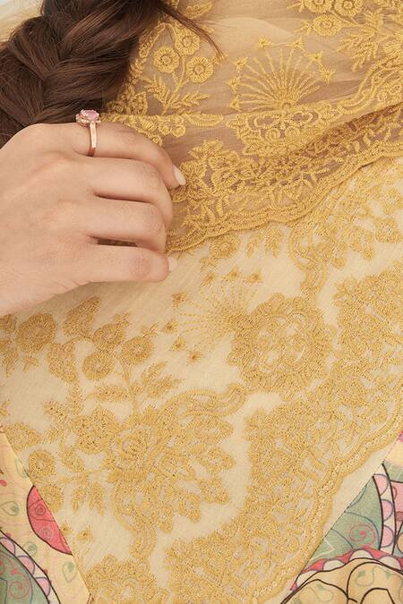 Naaz By Noor Yellow Cotton, Organza, Chanderi Embroidery Noor Baano Printed Kurta Pant Set Online at Aza Fashions Naaz By Noor_Yellow Cotton, Organza, Chanderi Embroidery Noor Baano Printed Kurta Pant Set _Online_at_Aza_Fashions